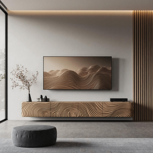 Rustic TV console designed to complement a cozy and inviting entryway design